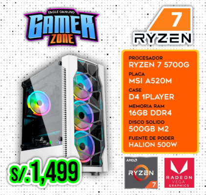 PC GAMER RYZEN 7 5700G, 16 GB DE RAM, SSD 500 GB