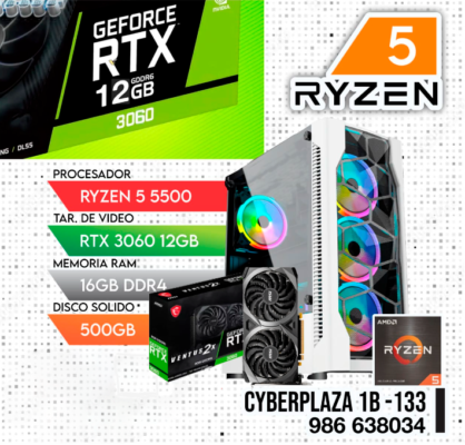 PC RYZEN 5 5500, TARJETA DE VIDEO RTX 3060 12GB, RAM 16GB DDR4, SSD 500GB