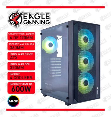 CASE GAMER CON FUENTE TORNADO 04, CON FUENTE DE PODER 600W