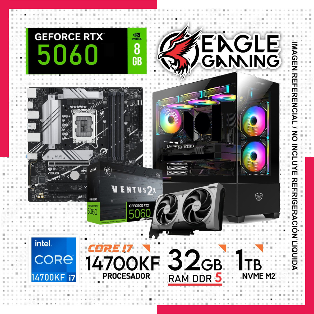 Computadora Gamer Core i7 14700KF, Ram 32GB DDR5 , 1TB NVME M2, RTX 5060 8GB