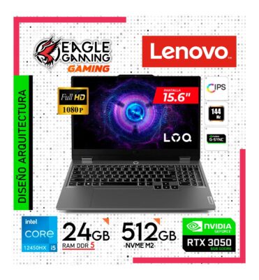 Laptop Lenovo LOQ 15IAX9 Intel Core i5 12450HX RAM 24GB Disco 512GB SSD Video RTX 3050 6GB 15.6" FHD FreeDos (83GS00EQLM)