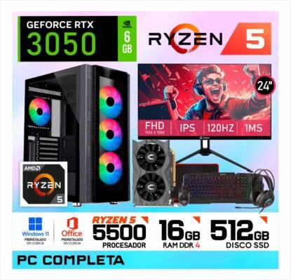 PC GAMER RYZEN 5 5500 + RTX 3050 6GB + 16GB DDR4 + SSD 512GB